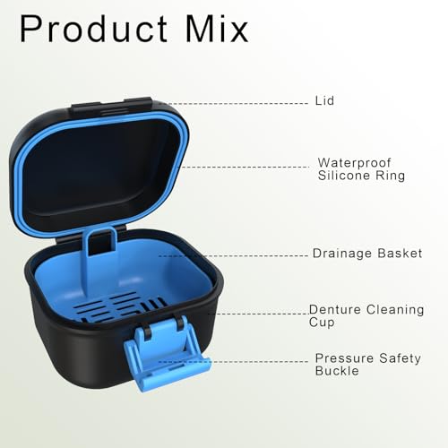 BVN Leak-Proof Denture Case, Denture Cup for Soaking Dentures, Retainer Cleaning Case Black and Bule Dent
