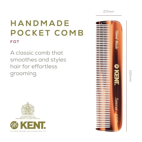 Kent A FOT Handmade Pocket Comb for Men, Women and Kids, All Fine Tooth Hair Comb Straightener for Everyday Grooming and Styling Hair, Beard and Mustache, Saw Cut and Hand Polished, Made in England