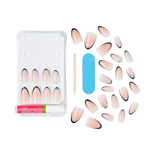 KISS Masterpiece French Tip Press On Nails, Black, Medium Almond, 12 Jeweled Accents, Glossy Finish Nail Kit Contains 30 Fake Nails, Pink Gel Nail Glue 2g (0.07 Oz.), Manicure Stick, & Mini Nail File