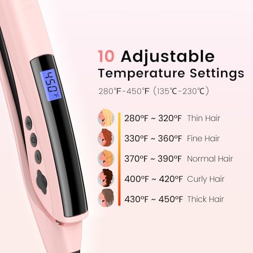Brightup Tourmaline Ceramic Hair Straightener and Curler 2 in 1 with 1 Inch Vibrating Plates, Ionic Flat Iron with 10 Temp Control/Auto Shut Off, 20S Fast Heating for Smooth Long Lasting Results, Pink