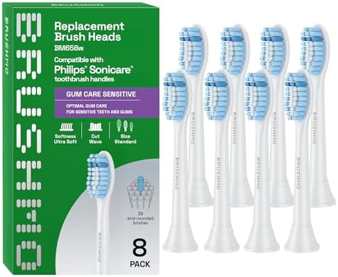 Brushmo Gum Care Sensitive Replacement Toothbrush Heads, Compatible with Philips Sonicare Click-on Toothbrush Handles, 8 Standard Heads, Extra Soft Dupont Bristles for Sensitive Teeth, BM658, White
