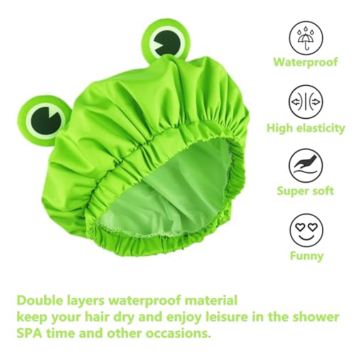 LamaMe Shower Cap, Waterproof Reusable Double Layers Bath Cap Elastic Band Hair Cap Green Frog Shower Cap for Women Ladies Spa Salon, Small