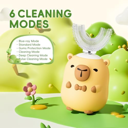 Kids Electric Toothbrush U Shaped - Cartoon Capybara with 6 Brush Heads Full Mouth Degree Cleaning Sonic Toddler Automatic Toothbrush with IPX7 Waterproof (Capybara 2-14 Years)