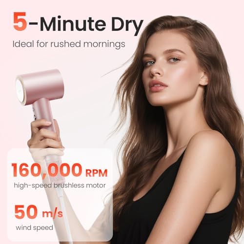Hair Dryer, 160,000 RPM High-Speed Ionic Blow Dryer for Fast Drying, Professional Lightweight Hairdryer with Diffuser, Magnetic Nozzle, 4 Temps & 2 Speeds, Low Noise for Travel & Home - Pink