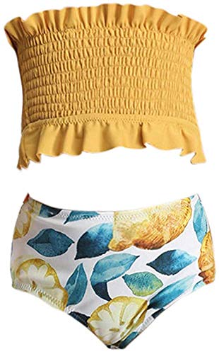 Lemoonlemone Girl's Crop Flounce Two Piece Haler Swimsuit, Yellow, 12-14 Years