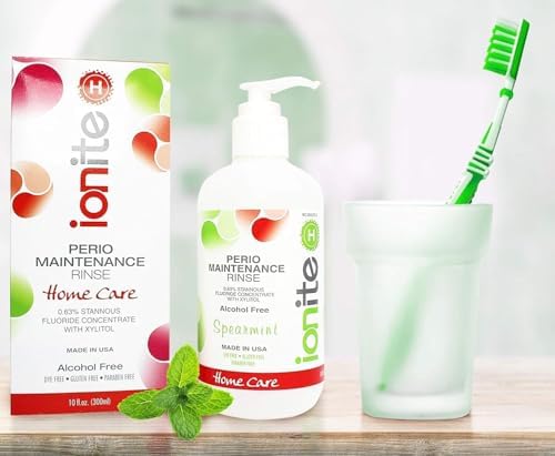Ionite-H Home Care 0.63% Stannous Fluoride Perio Maintenance Rinse Mouthwash - with Mixing Cup/Shaker and Dispensing Pump (10 Fl oz, Spearmint)