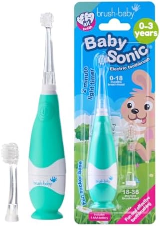 brush-baby BabySonic Infant and Toddler Electric Toothbrush for Ages 0-3 Years - Smart LED Timer and Gentle Vibration Provide a Fun Brushing Experience - Includes 2 Sensitive Brush Heads (Teal)