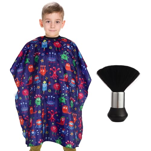 Kids Barber Cape with Neck Duster Brush, Professional Salon Hair Cutting Cape with Adjustable Snap Closure(Cartoon Monster)