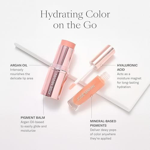 Josie Maran Color Stick & Lip Gloss Makeup Set - Argan Oil-Based Makeup Balm for Lips, Cheeks & Eyes + Hyaluronic Acid Infused Plumping Lip Gloss (2 Piece Set)