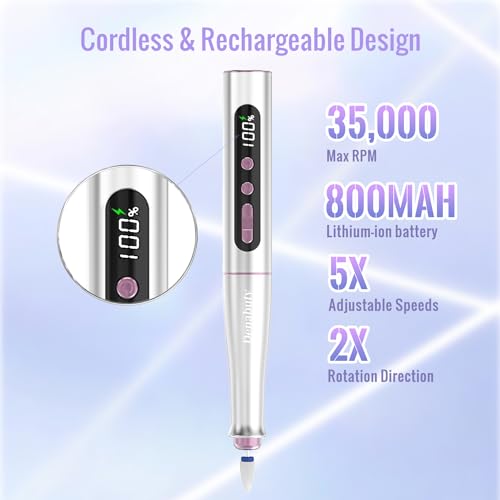 Cordless Electric Nail Drill Machine, 13 in 1 Nail File Kit 35000RPM Professional Portable Rechargeable E File for Acrylic Polish Gel Removal Manicure Pedicure Set with 5 Speeds DN-2402