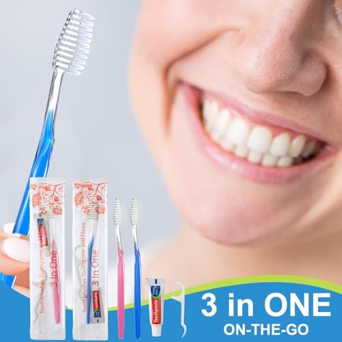 200 Sets Bulk Disposable Toothbrushes Toothpaste Floss Individually Wrapped Dental Floss Pick Kit Homeless Hygiene Kit Bulk Homeless Care Package Supplies for Travel Hotel (Light Blue Pink)
