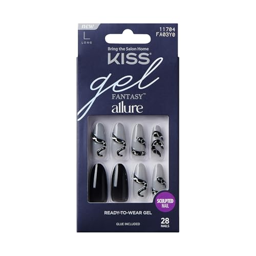 KISS Gel Fantasy 28 Pcs Press On Nails, Long Almond Fake Nails, Black Grey Snake Design Stick On Extensions, Reusable Full Cover Kit with Glue, Manicure Stick & File, 7 Day Wear, Vegan & Cruelty Free
