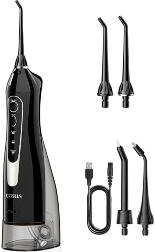 COSLUS Water Flosser Dental Pick: 300ML Oral Irrigator for Teeth Cleaning, Orthodontic, Braces & Sensitive Gums, Cordless Portable for Travel, IPX7 Waterproof, for Adults Teens Family Use, with 4 Tips