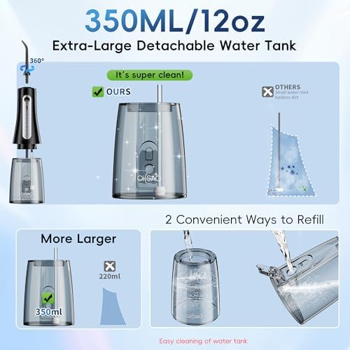 Cordless Water Flosser for Teeth Cleaning Pick, U-Shaped Flossing Head for 360° Deep Clean, 5 Modes & 9 Jet Tips, IPX7 Waterproof, Rechargeable & Portable Oral Irrigator for Travel, 350ML Large Tank