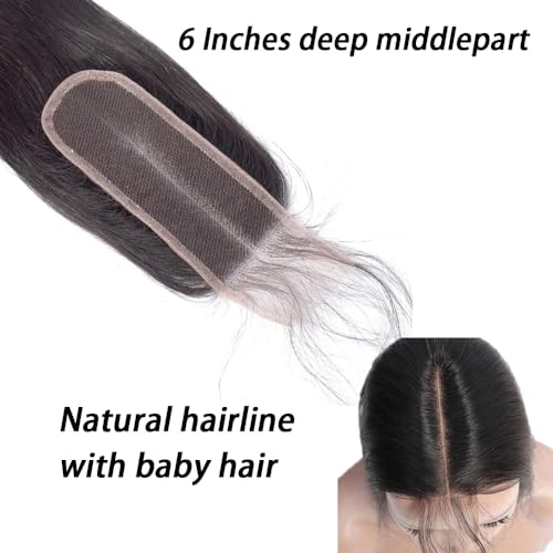 Brazilian 2x6 Human Hair Lace Closure HD Transparent 2x6 Body Wave Lace Closure Middle part Human Hair Kim K Closure With Baby Hair (16 inch)