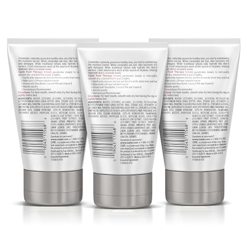 Curel Foot Therapy Cream, Soothing Lotion for Dry Cracked Feet, Quick Absorbing, with Shea Butter, Coconut Milk, and Vitamin E2, 3.5 Oz, Pack of 3