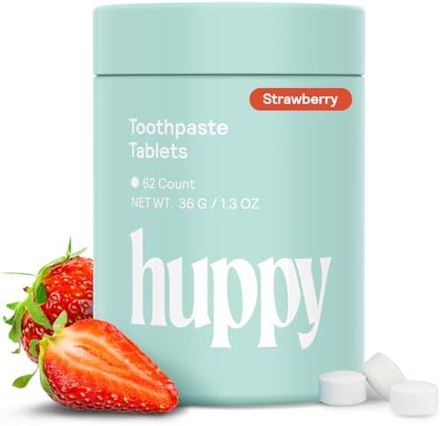 HUPPY Toothpaste Tablets, Nano Hydroxyapatite - Natural Whitening, Fluoride Free and Remineralizing - Travel Tabs, Strawberry Flavor, 62 Count