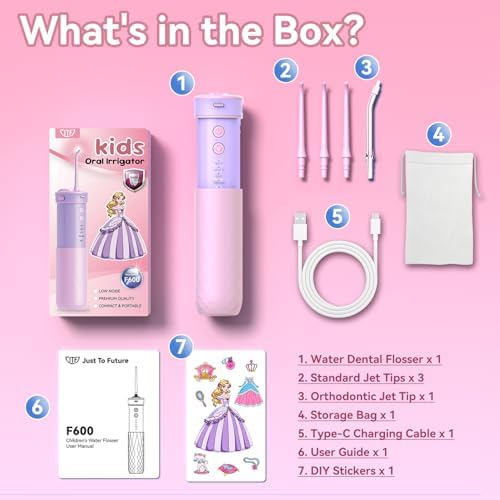 JTF Kids Water Dental Flosser: Rechargeable Portable Oral Irrigator with 4 Flossing Modes 230ml Tank 4 Tips Travel Bag Waterproof Stickers, Cordless Electric Flossers for Teeth Gum Braces Care, Age 6+