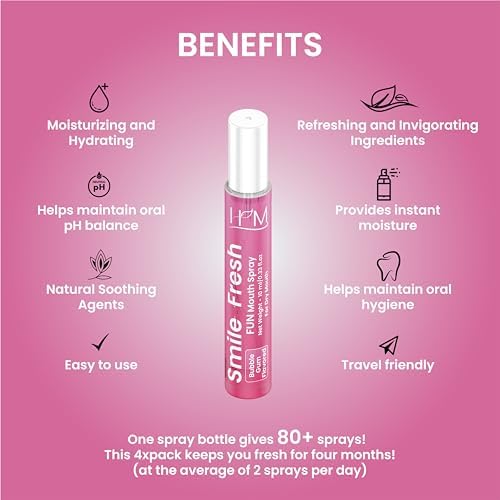 HM - Dry Mouth Fun 4 Flavoured Spray - Peach, Bubble Gum, Cotton Candy & Apple - Alcohol Free, Instantly Hydrate & Moisturize, Ph Balanced, Promotes Saliva Production & Soothes Pack of 4 x 0.33 oz