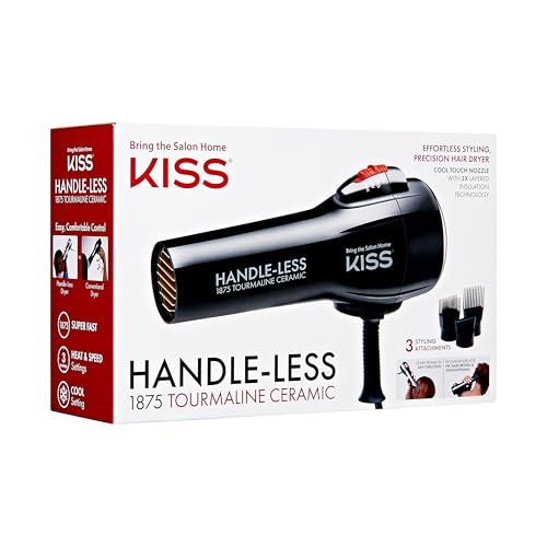 KISS Handle-Less 1875W Ceramic Tourmaline Hair Dryer, Effortless Styling Precision Blow Dryer, Cool Touch Nozzle, Triple-Layer Heat Insulation, Heat Resistant Cap, 3 Styling Attachments, Up to 450°F
