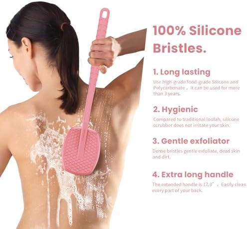iTokGoK® All New Premium Silicone Back Scrubber with Tire Anti-Slip Long Handle for Shower, Gentle Exfoliating and Massage Brush Scrubber for Sensitive Skin for Men and Women (Pink)