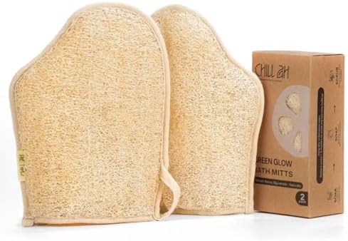 Chill Ah Green Glow Dual-Sided Loofah Bath Mitts (2-Pack) – 100% Plant-Based, Dye-Free, Biodegradable, Handcrafted in Vietnam – Natural Exfoliating Gloves for Glowing Skin