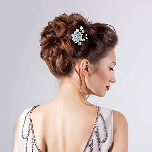 inSowni 20 Pack Classy Dusty Blue Flower Bridal Wedding Hair Side Combs+Floral Hair Pins+Twist Spiral Pearl Hair Pins Clips Pieces Formal Prom Headpieces Accessories for Brides Bridesmaids Women Girls