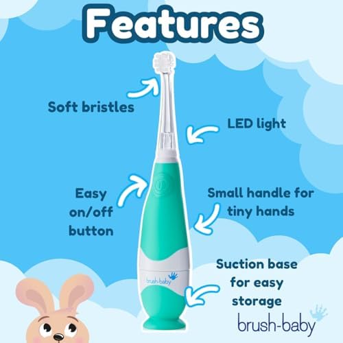 brush-baby BabySonic Infant and Toddler Electric Toothbrush for Ages 0-3 Years - Smart LED Timer and Gentle Vibration Provide a Fun Brushing Experience - Includes 2 Sensitive Brush Heads (Teal)