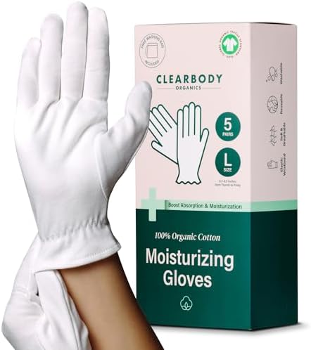 Clearbody Organics White Organic Cotton Gloves, 5 Pairs (10 Pcs) - 100% Reusable Moisturizing for Dry & Cracked Hands Repair (Large) - White Gloves