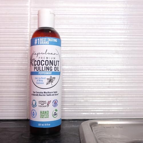 Coconut Oil Pulling for Teeth and Gums Mouthwash, 100% Pure and Natural, Non-GMO, Ayurvedic – Peppermint Pulling Oil