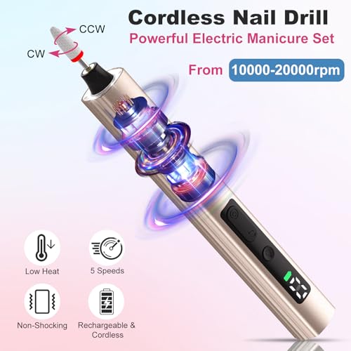 Cordless Electric Nail Drill with UV Light Lamp, 14 in 1 Electric Nail File Drill, 5 Speed LCD Display Rechargeable Professional Manicure Pedicure Kit(Gold) (Gold)