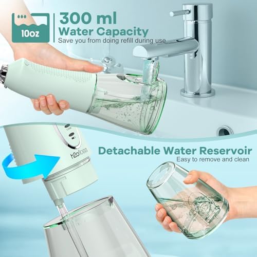 H2ofloss Water Dental Flosser Teeth Pick: Portable Cordless Oral Irrigator with 5 Modes, 300ML Rechargeable Travel Irrigation Cleaner IPX7 Waterproof Electric Flossing Machine for Teeth Cleaning Green