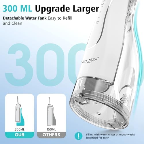 Leominor Water Dental Flosser Pick for Teeth, 300ML Portable Oral Irrigator Upgraded Tank Removable,IPX7 Waterproof, Rechargeable Travel Teeth Cleaner, Professional Electric Flossing (White)
