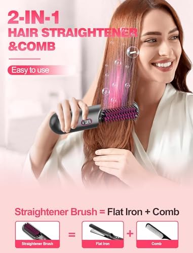 Cordless Hair Straightener Brush for Travel,Mini Hair Straightener Comb with Negative Ion,Portable hot Brush Hair Straightener for Women, Rechargeable 9600mAh Battery, Anti-Scald,12 Temp-Setting