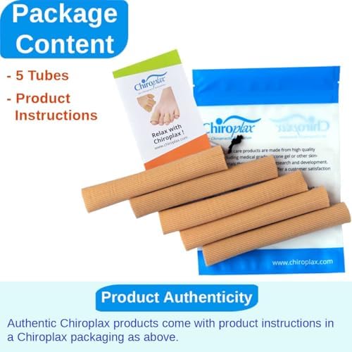 Chiroplax Toe Tubes Sleeves Protectors Cushions Fabric & Gel Lining Separator Tubing Finger, Bunion, Hammer Toe, Callus, Corn, Blister (5 Pack, Size Small)