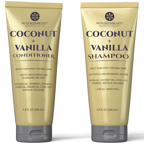 Coconut Shampoo and Conditioner, Vanilla Shampoo and Conditioner with Biotin and Collagen- Moisturizing Shampoo and Conditioner Set with Jojoba Oil, Argan Oil and Vitamin E(6.8oz each)