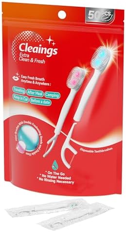 cleaings® Disposable Toothbrushes with Double Cleaning Beads Toothpaste and Clean Floss Picks for Work or Travel - 50 pcs-Mint Flavor（Pack of 1）