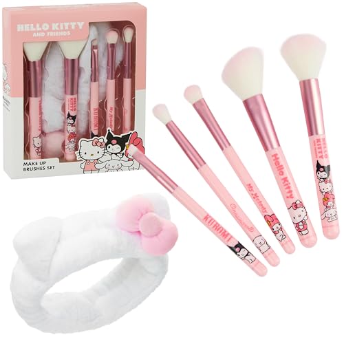 Hello Kitty Makeup Brush Set of 5 Kawaii Fluffy Makeup Headband Women Teens Girls Powder Brush Eyeshadow Brush Beauty Set Anime Cute Gifts