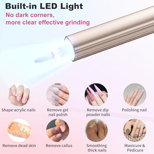 Cordless Electric Nail Drill with UV Light Lamp, 14 in 1 Electric Nail File Drill, 5 Speed LCD Display Rechargeable Professional Manicure Pedicure Kit(Gold) (Gold)