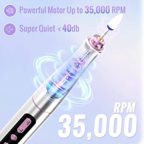 Cordless Electric Nail Drill Machine, 13 in 1 Nail File Kit 35000RPM Professional Portable Rechargeable E File for Acrylic Polish Gel Removal Manicure Pedicure Set with 5 Speeds DN-2402