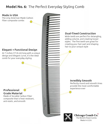 Chicago Comb Model 6 Carbon Fiber, 7 inches (17.8 cm) long, anti-static, graphite black, made in USA