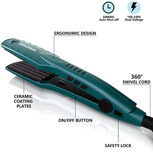 Ceramic Hair Crimper Iron 39mm for Volumizing Fluffy Hairstyle, Corrugation Crimper Hair Iron, Anti Static Ceramic Hair Crimping Iron Adjust Temperature (Turquoise)