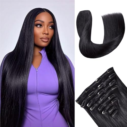 Clip in Hair Extensions Real Human Hair,100% Brazilian Remy Human Hair Extensions for Women,1B Natural Black 8pcs Per Set with Double Weft,20inch 105g,Straight