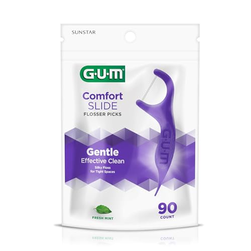GUM Comfort Slide Floss Picks - Perfect for Tight Teeth - Extra Strong Shred-Resistant Dental Floss, Easy Grip Handle - Dental Flossers for Adults - Fresh Mint Flavor, 90 ct (6pk)
