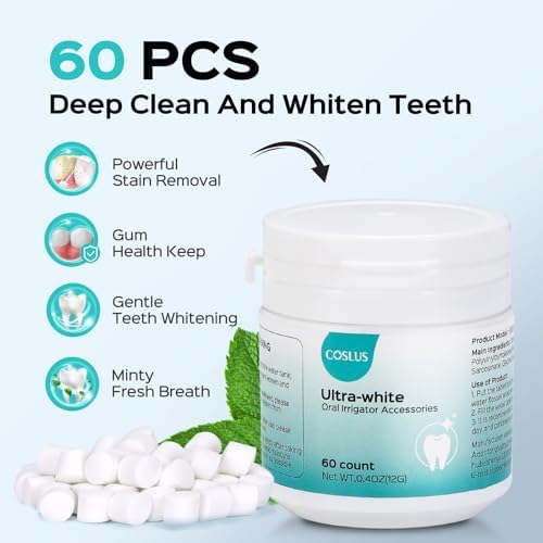 COSLUS Whitening Water Flosser Replacement Tips with 60 Pcs Mint Refills: Compatible with C20 (F5020E) & E40 (WFP14) Portable Water Flossers – Improve Stains Gently& Fresh Breath for Daily Oral Care