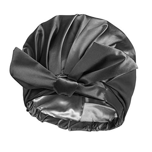 Large Reusable Waterproof Adjustable Shower Cap with Silk Satin Lined Luxury Shower Cap for Long Hair (Black)