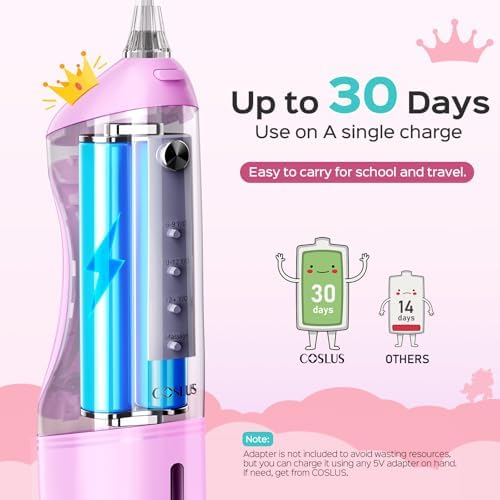 COSLUS Kids Water Dental Flosser Deep Cleaning Picks Portable 4 Modes for Ages 6+ Safe Waterproof Rechargeable with 2 Jet Tips for Gums Care Pink Purple