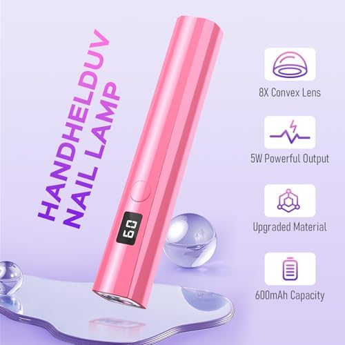 Handheld UV Nail Lamp, 5W Sparkly UV Light for Gel Nails, Portable LED Nail Lamp, Mini Nail Dryer with LCD Screen, USB Nail Light for Fast Curing (Pink)