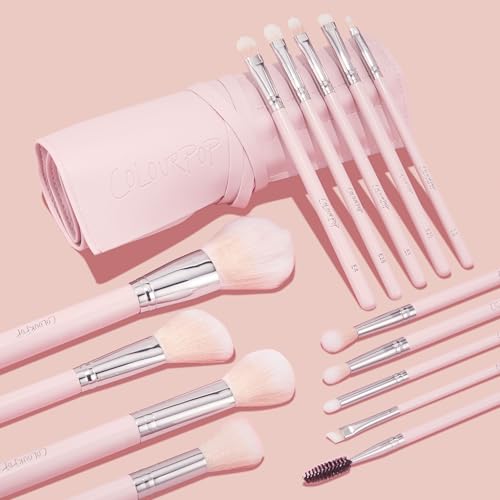 ColourPop Smoke 'N Roses Brush Roll Face & Eye Brush Set - Face & Eye Makeup Set - Made with Luxe Synthetic Vegan Bristles - Includes Holder (14 Count)