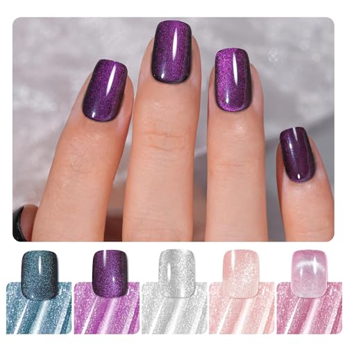 Cat Eye Press on Nails - Short, Salon-Like Fake Nails with Glitter Galaxy Chasing Light Cat Eye Designs